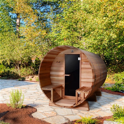 Aleko Saunas 8 Person Outdoor or Indoor Western Red Cedar Wet Dry Barrel Sauna Front Porch Canopy 9 kW ETL Certified Heater by Aleko 781880254645 SB8CEDARCP-AP 8 Person Outdoor or Indoor Western Red Cedar Wet Dry Barrel Sauna 