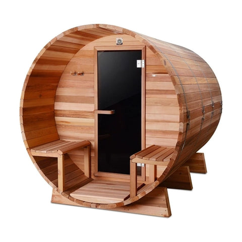 Aleko Saunas 8 Person Outdoor or Indoor Western Red Cedar Wet Dry Barrel Sauna Front Porch Canopy 9 kW ETL Certified Heater by Aleko 781880254645 SB8CEDARCP-AP 8 Person Outdoor or Indoor Western Red Cedar Wet Dry Barrel Sauna 