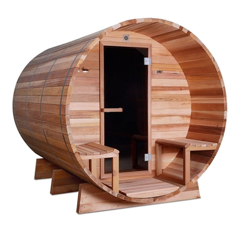 Aleko Saunas 8 Person Outdoor or Indoor Western Red Cedar Wet Dry Barrel Sauna Front Porch Canopy 9 kW ETL Certified Heater by Aleko 781880254645 SB8CEDARCP-AP 8 Person Outdoor or Indoor Western Red Cedar Wet Dry Barrel Sauna 