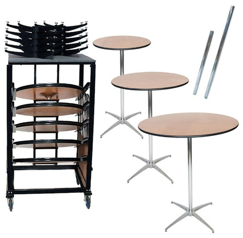 10-Pack of 36" Bistro / Cocktail Tables and Heavy Duty Steel Moving Cart Bundle