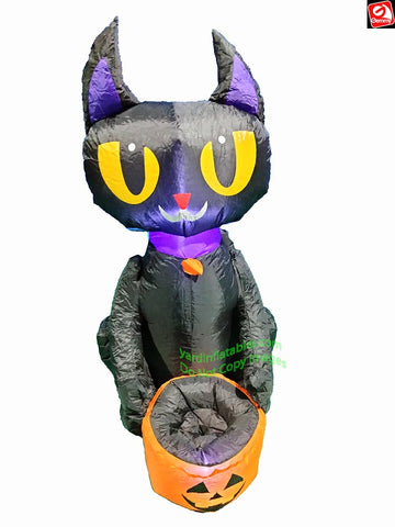 3.5' Gemmy Airblown Inflatable Halloween Black Cat with Pumpkin Candy Bowl