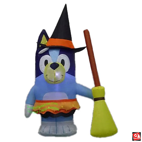3.5' Gemmy Airblown Inflatable Halloween Bluey In Witch Costume Holding Broom