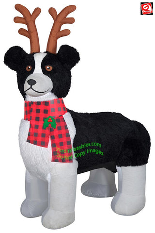 6' Gemmy Airblown Inflatbale Mixed Media Fuzzy Plush Border Collie With Reindeer Antlers