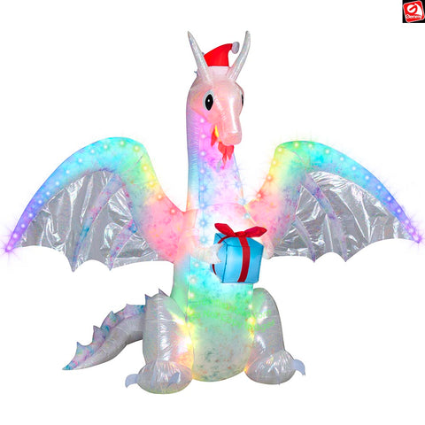 9' Gemmy Airblown Inflatable Christmas Iridescent Dragon Holding Present w/ Santa Hat and Rainbow Wave Lights