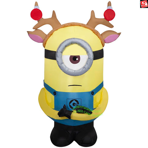 3.5' Gemmy Airblown Inflatable Christmas Minion Stuart w/ Reindeer Antlers and Ornaments