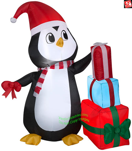 5' Gemmy Airblown Penguin w/ Christmas Present Stack