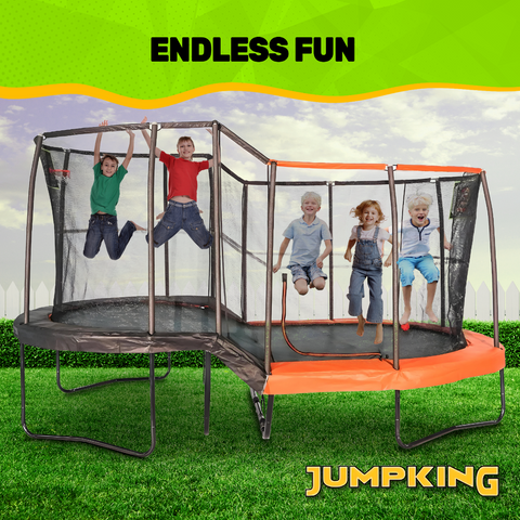 JumpKing 10'x17' Multi-Level Oval Trampoline - Outdoor/Indoor Recreational Trampoline w/ Basketball Hoop, Toss Game, Enclosure Net - Large Trampoline and Great Gift for Kids, Adults, & Family Fun