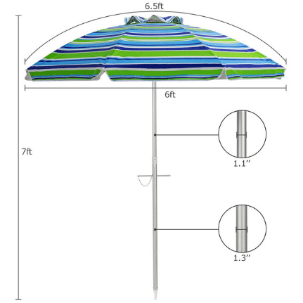 6.5' Beach Umbrella with Sun Shade and Carry Bag without Weight Base by Costway