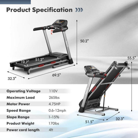 costway Fitness 4.75 HP Folding Treadmill with Auto Incline and 20 Preset Programs by Costway 781880212942 61954283