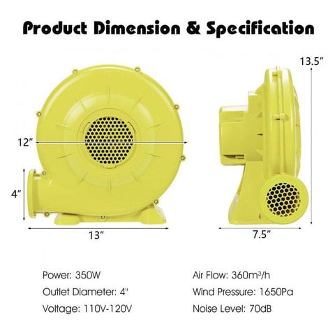 Costway Inflatable Bouncer Accessories 350 Watt 0.5 HP Air Blower Pump Fan for Inflatable Bounce House and Bouncy Castle by Costway 86341792 350 Watt 0.5 HP Air Blower Pump Fan for Inflatable Bounce House 