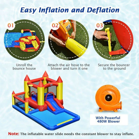 Costway Inflatable Bouncers Inflatable Water Slide Castle Kids Bounce House with 480W Blower by Costway 781880227229 39726015 Inflatable Water Slide Castle Kids Bounce House w/ 480W Blower Costway