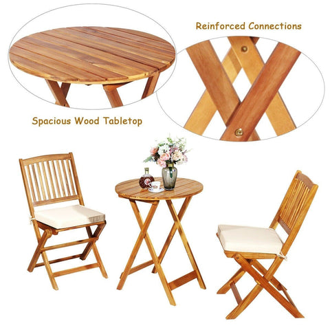 Costway Outdoor Furniture 3 PCS Patio Folding Wooden Bistro Set Cushioned Chair by Costway