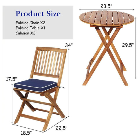 Costway Outdoor Furniture 3 PCS Patio Folding Wooden Bistro Set Cushioned Chair by Costway