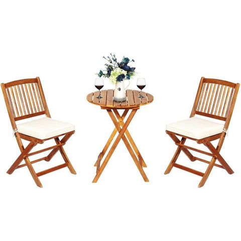 Costway Outdoor Furniture 3 PCS Patio Folding Wooden Bistro Set Cushioned Chair by Costway