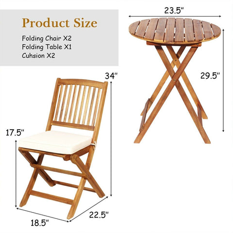 Costway Outdoor Furniture 3 PCS Patio Folding Wooden Bistro Set Cushioned Chair by Costway