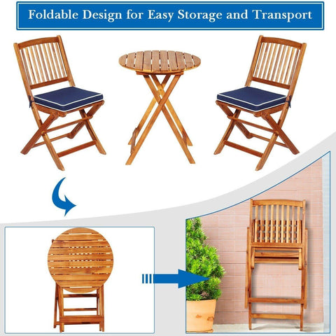 Costway Outdoor Furniture 3 PCS Patio Folding Wooden Bistro Set Cushioned Chair by Costway