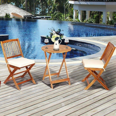 Costway Outdoor Furniture 3 PCS Patio Folding Wooden Bistro Set Cushioned Chair by Costway