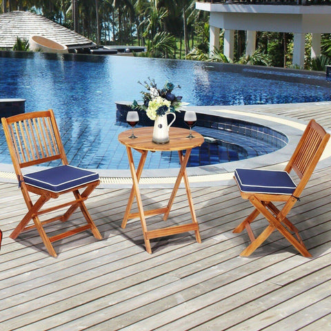 Costway Outdoor Furniture 3 PCS Patio Folding Wooden Bistro Set Cushioned Chair by Costway