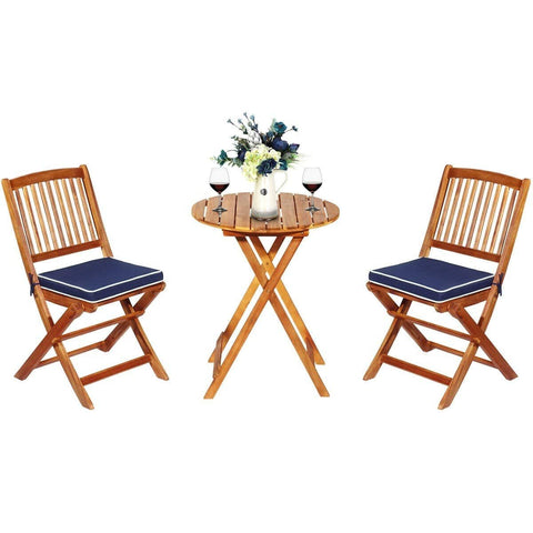 Costway Outdoor Furniture 3 PCS Patio Folding Wooden Bistro Set Cushioned Chair by Costway