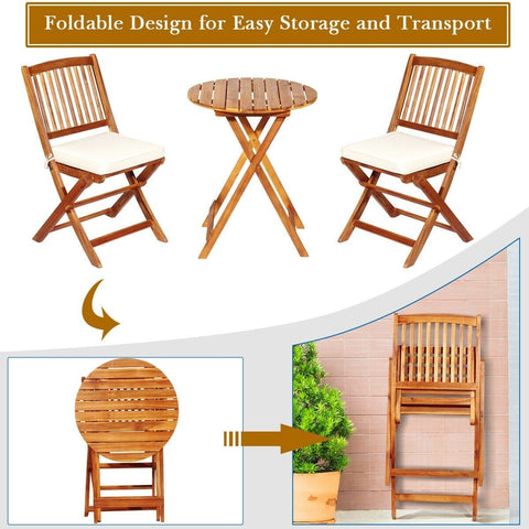 Costway Outdoor Furniture 3 PCS Patio Folding Wooden Bistro Set Cushioned Chair by Costway