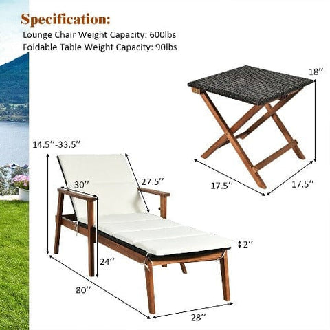 Costway Outdoor Furniture 3 Pcs Portable Patio Cushioned Rattan Lounge Chair Set with Folding Table by Costway