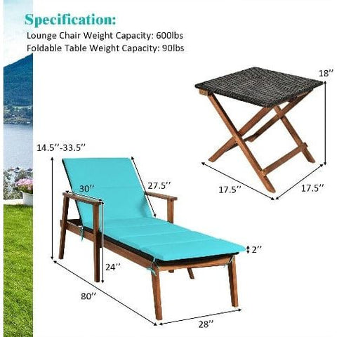 Costway Outdoor Furniture 3 Pcs Portable Patio Cushioned Rattan Lounge Chair Set with Folding Table by Costway