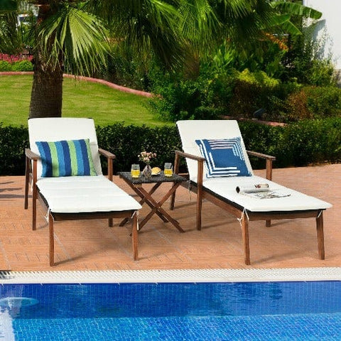 Costway Outdoor Furniture 3 Pcs Portable Patio Cushioned Rattan Lounge Chair Set with Folding Table by Costway