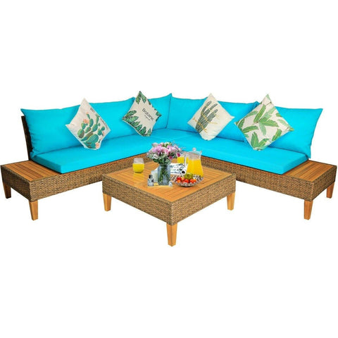 Costway Outdoor Furniture 4 PCS Patio Rattan Furniture Set with Wooden Side Table by Costway