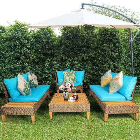 Costway Outdoor Furniture 4 PCS Patio Rattan Furniture Set with Wooden Side Table by Costway