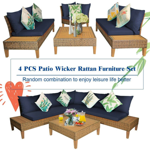 Costway Outdoor Furniture 4 PCS Patio Rattan Furniture Set with Wooden Side Table by Costway