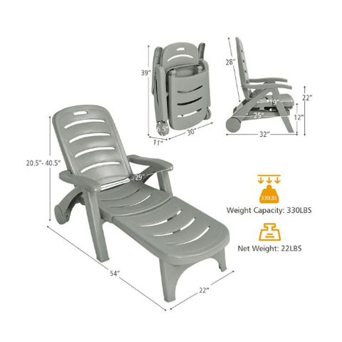 Costway Outdoor Furniture 5 Position Adjustable Folding Lounger Chaise Chair on Wheels by Costway