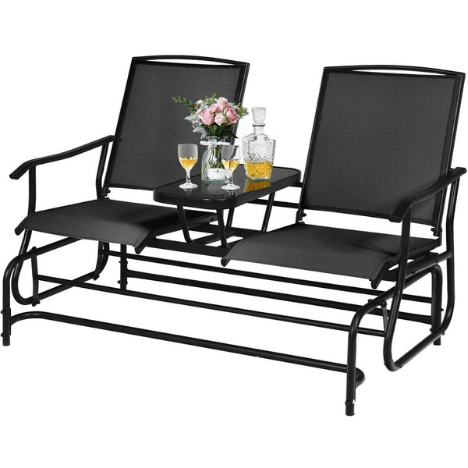 Costway Outdoor Furniture Black 2-Person Double Rocking Loveseat with Mesh Fabric and Center Tempered Glass Table by Costway 10985624 2-Person Rocking Loveseat Fabric Center Tempered Glass Table by Costway