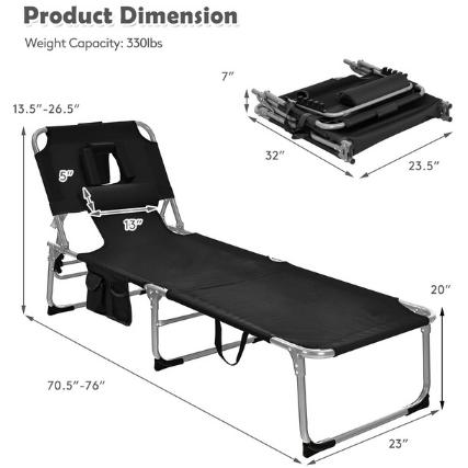 Costway Outdoor Furniture Black Folding Beach Lounge Chair with Pillow for Outdoor by Costway 39680754