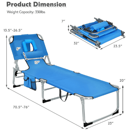 Costway Outdoor Furniture Blue Folding Beach Lounge Chair with Pillow for Outdoor by Costway 39680754