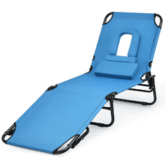 Costway Outdoor Furniture Blue Outdoor Folding Chaise Beach Pool Patio Lounge Chair Bed with Adjustable Back and Hole by Costway 05982317 Chaise Beach Pool Patio Lounge Chair Bed with Adjustable by Costway