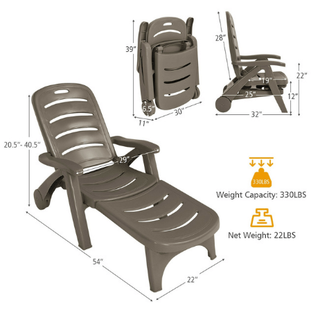 Costway Outdoor Furniture Brown 5 Position Adjustable Folding Lounger Chaise Chair on Wheels by Costway 07652489