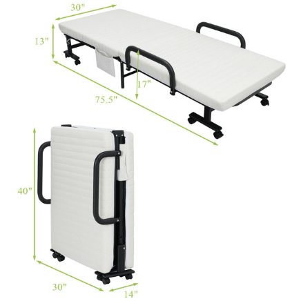 Costway Outdoor Furniture Folding Adjustable Guest Single Bed Lounge Portable with Wheels by Costway Folding Adjustable Guest Single Bed Lounge Portable  Wheels by Costway