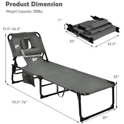 Costway Outdoor Furniture Gray Folding Beach Lounge Chair with Pillow for Outdoor by Costway 39680754