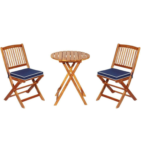 Costway Outdoor Furniture Navy 3 PCS Patio Folding Wooden Bistro Set Cushioned Chair by Costway 7461759983908 53047619-N