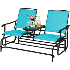 2-Person Double Rocking Loveseat with Mesh Fabric and Center Tempered Glass Table by Costway