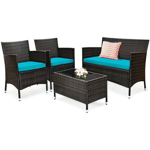 Costway Outdoor Furniture Turquoise 4 Pcs Patio Rattan Conversation Set Outdoor Wicker Furniture Set by Costway 756839378628 68317402-T