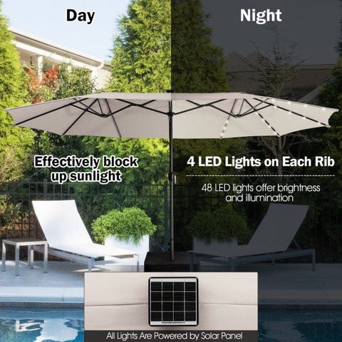 Costway Outdoor Umbrella Bases 15 Feet Twin Patio Umbrella with 48 Solar LED Lights by Costway