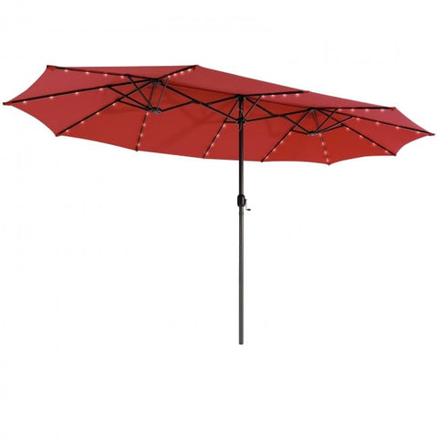 Costway Outdoor Umbrella Bases Wine 15 Feet Twin Patio Umbrella with 48 Solar LED Lights by Costway 781880256205 51864930-Wine