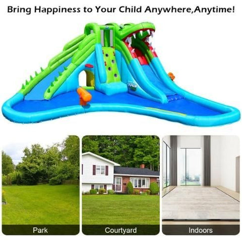 Costway Residential Bouncers Crocodile Themed Inflatable Slide Bouncer with Two Water Slides by Costway