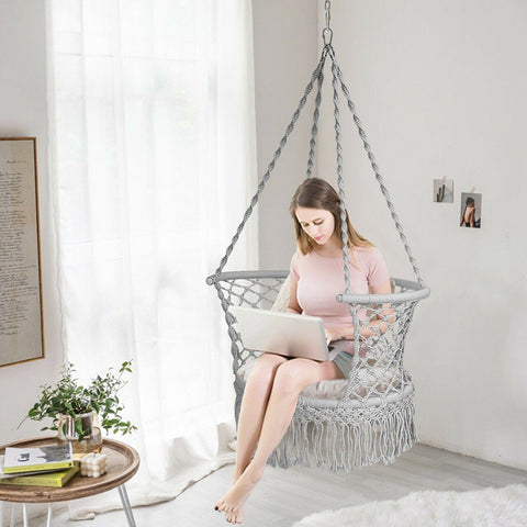 Costway Swings & Play Sets Hanging Hammock Chair Macrame Swing Hand Woven Cotton Backrest by Costway Hanging Hammock Chair Macrame Swing Hand Woven Cotton Backrest Costway