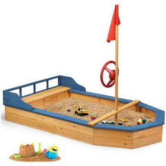 Wooden Pirate Sandboat Covered Sandboxes w/Bench Seat by Costway