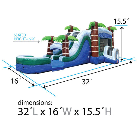 Mega Tropical Blue Marble Dual Lane Inflatable Water Slide Bounce House Combo with Blower