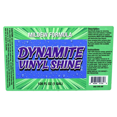 Label and instructions on Dynamite Vinyl Shine Mildew Formula case pack