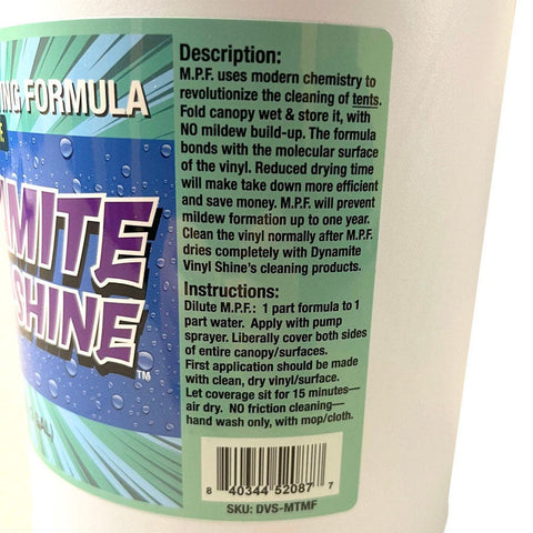 Front label close-up of Dynamite Vinyl Shine Miracle Tent Mildew Preventing Formula