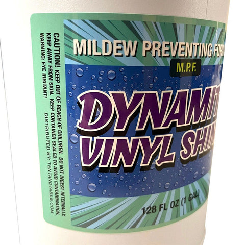 Warning label side of Dynamite Vinyl Shine Miracle Tent Mildew Preventing Formula bottle